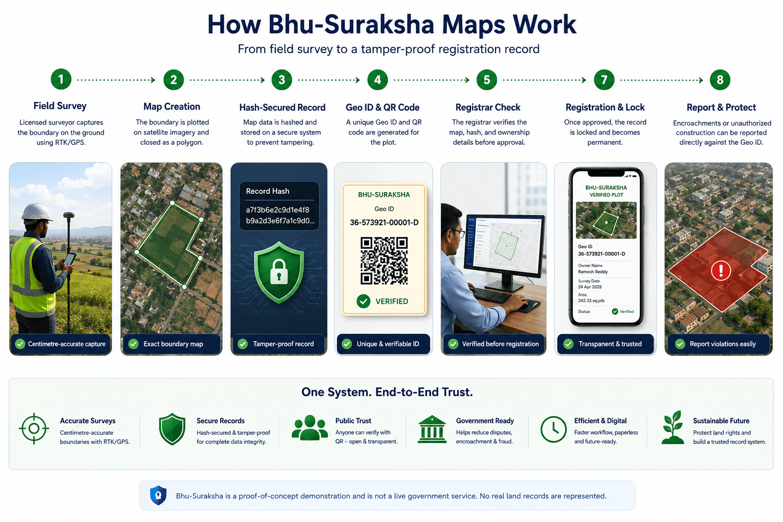 How Bhu-Suraksha maps work: field survey, map creation, hash-secured record, Geo ID and QR code, registrar check, registration and lock, report and protect.